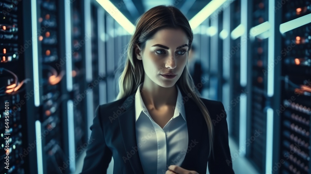 Businesswoman working in a data center with server racks, wires and servers.