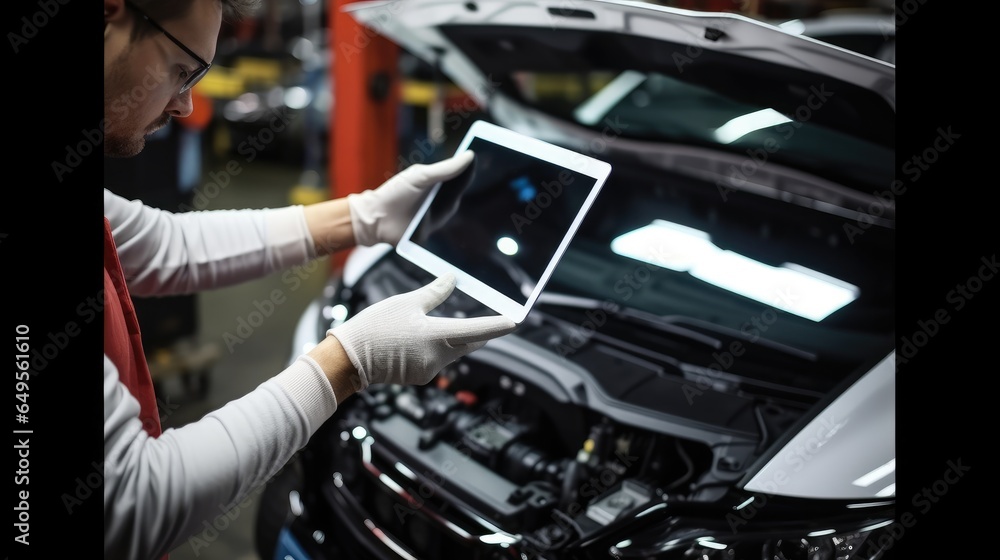 Mechanic in white gloves using special digital tablet used for automobile checkup and fixing damaged car parts in service station.