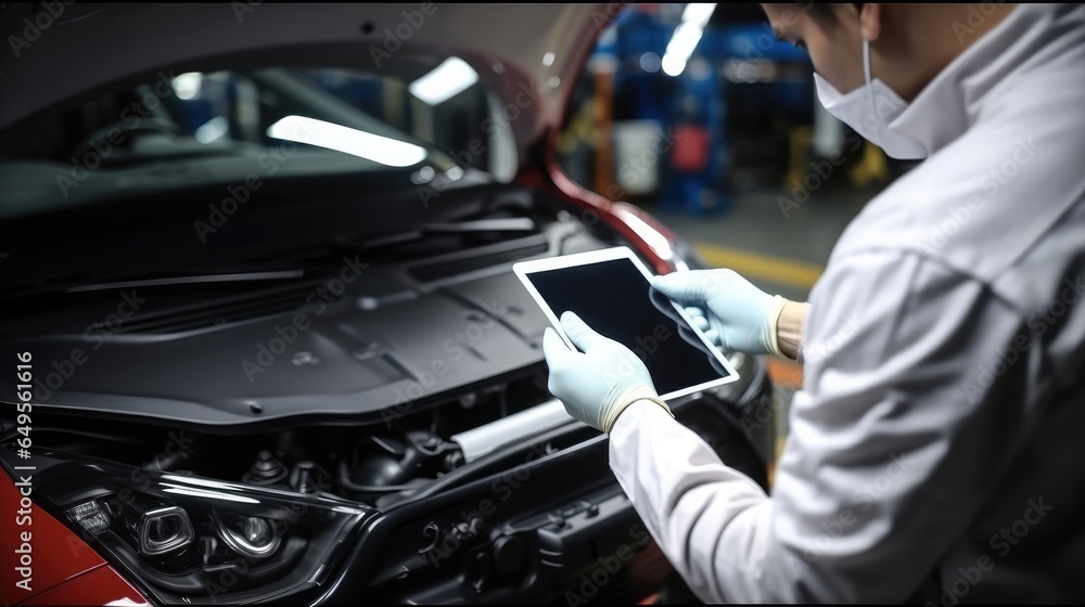 Mechanic in white gloves using special digital tablet used for automobile checkup and fixing damaged car parts in service station.