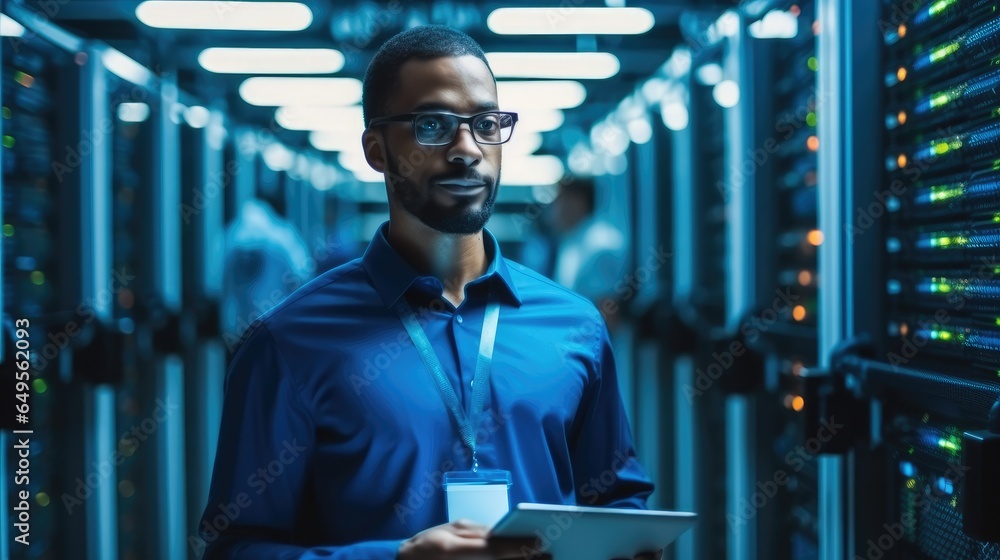 Data center officer working in a data center with server racks, wires and servers.