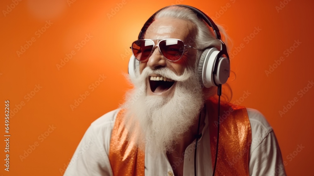 Happy elderly bearded man in headphones is singing a song on orange background.