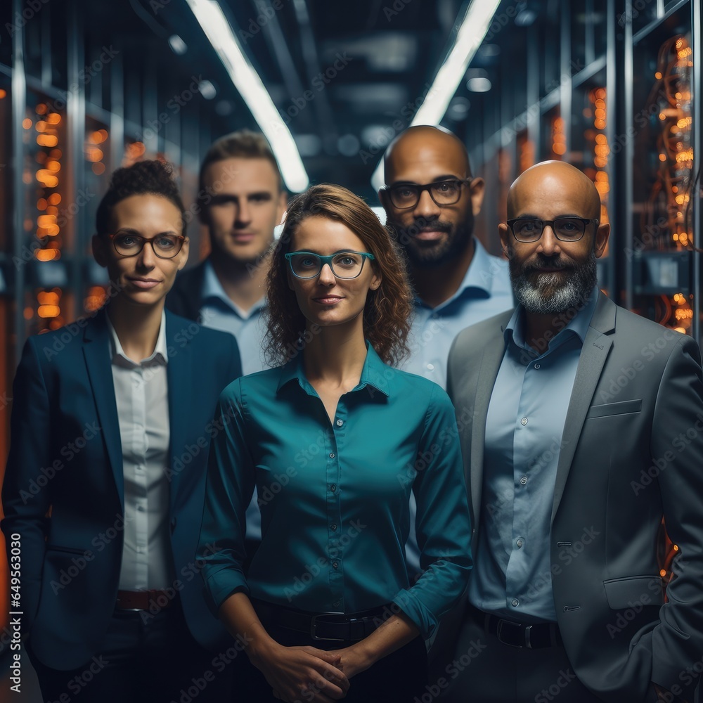 Group of IT specialist standing in a server room or data center.