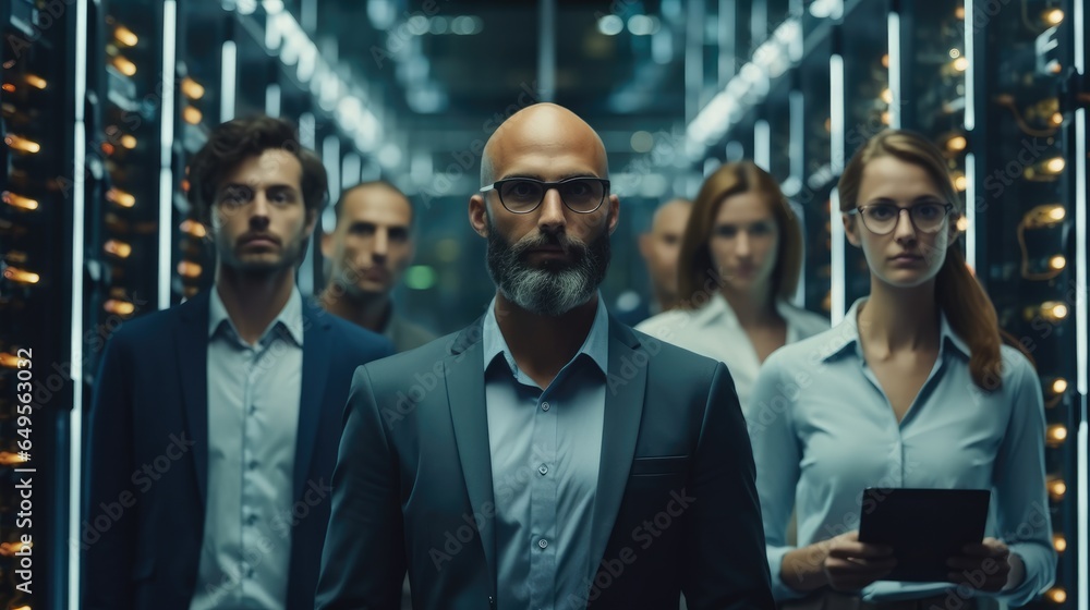 Group of IT specialist standing in a server room or data center.