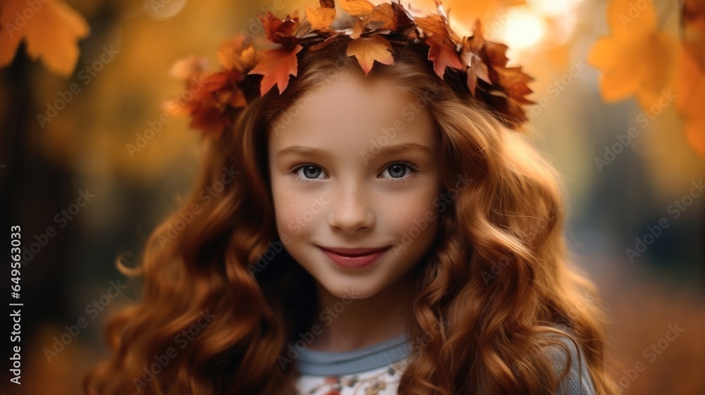 Gently smiling red haired little girl wearing a crown of colorful fall leaves.