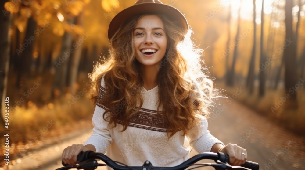 Happy woman rides a bicycle in an autumn park at sunset, Beautiful woman enjoying nature.