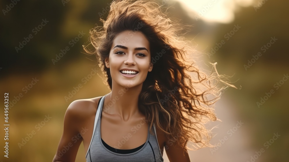 Happy athletic girl jogging in nature.