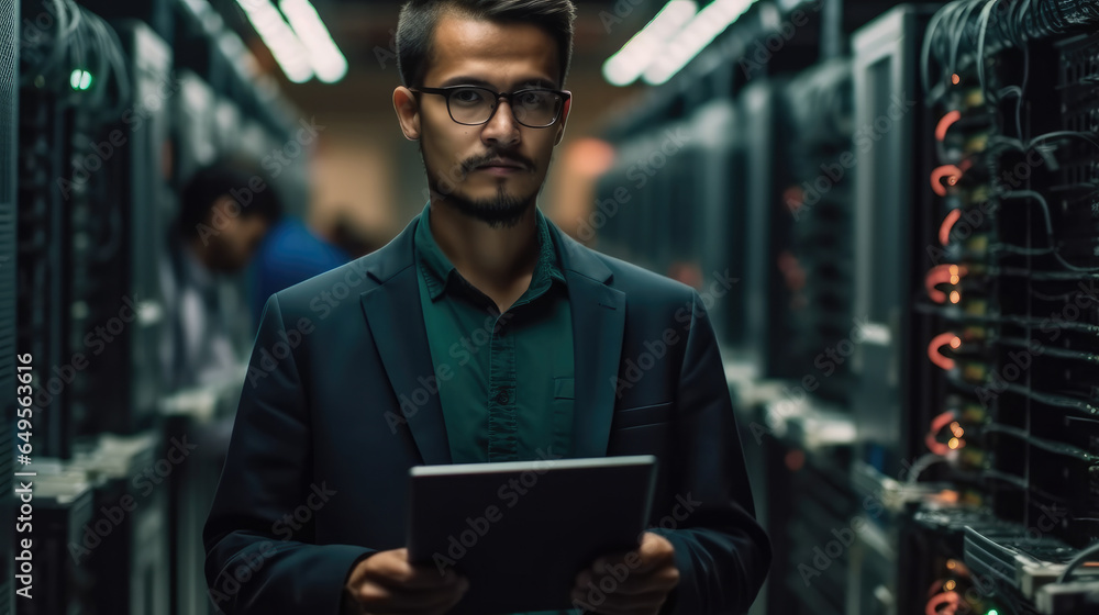 Man entrepreneur holds a tablet standing in a server room with operational.