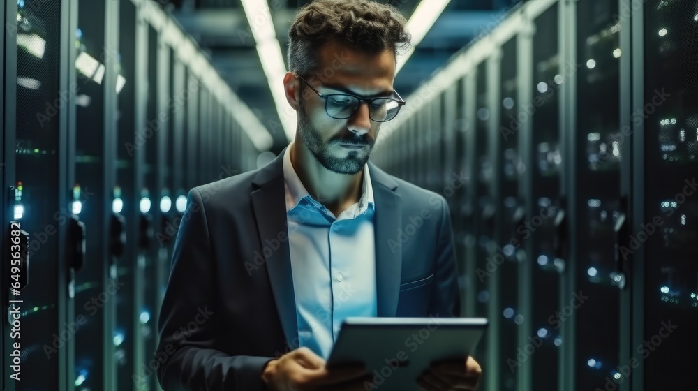 IT Specialist Holding Laptop and working at a Data Center.