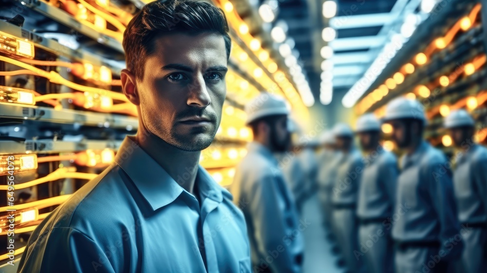 Male engineer team in data centre.