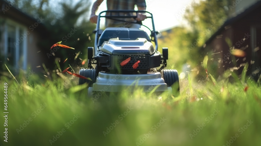 Man cutting grass with lawn mower in garden.