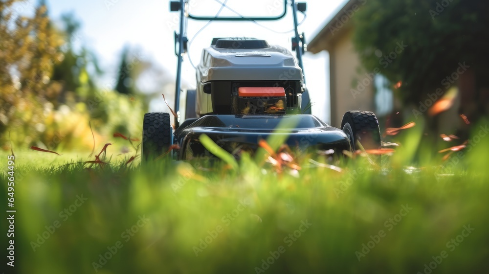 Man using a lawn mower in his backyard.