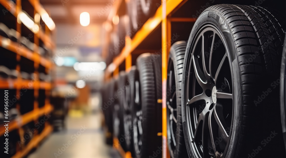 New tire car on storage shelf at warehouse in auto garage workshop for sale.