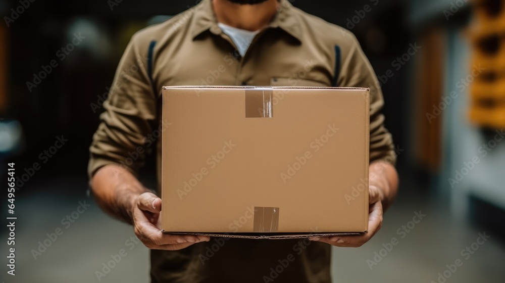 Courier holding cardboard box for delivery.