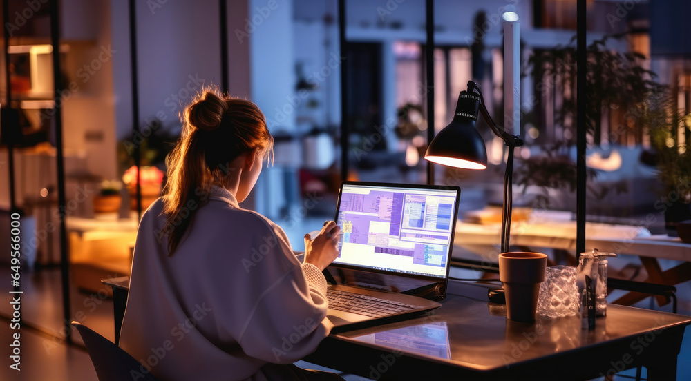 Businesswoman analyzing marketing graph report on laptop computer at office, Working overtime at project, Developing business ideas.