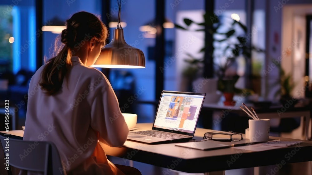 Businesswoman analyzing marketing graph report on laptop computer at office, Working overtime at project, Developing business ideas.