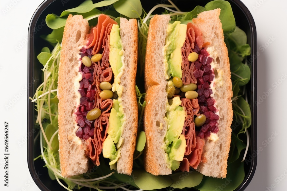 Sandwiches inside a lunch box on white background. top view.