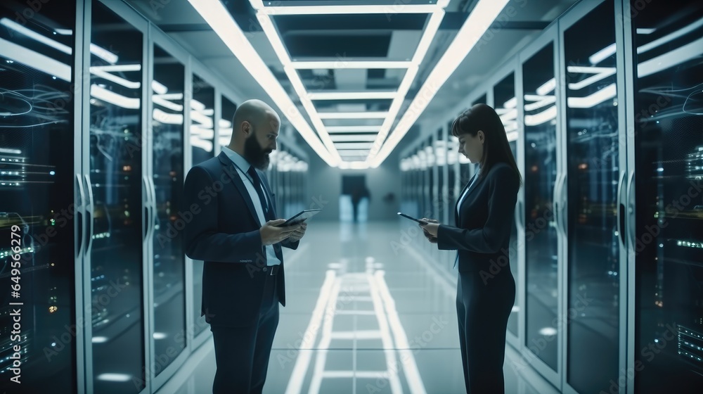 Male and female IT engineers checking servers in server room with help of tablet.