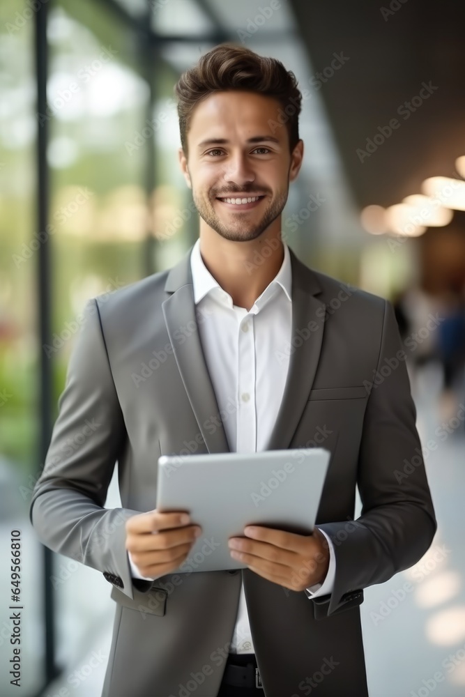 Young businessman holding pad computer in hands at modern office.