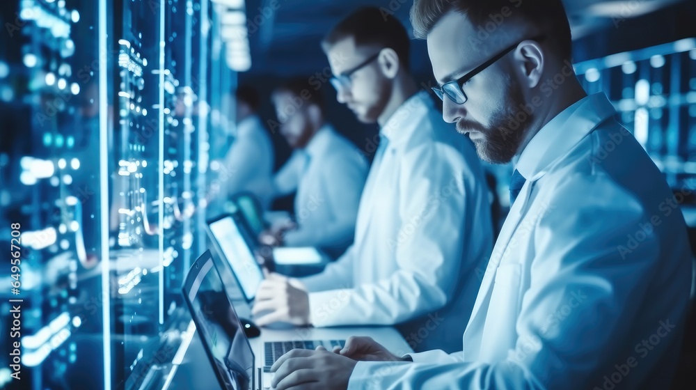 Technology professionals in white coats working in vast data centre with rows of computer servers, Data center room.