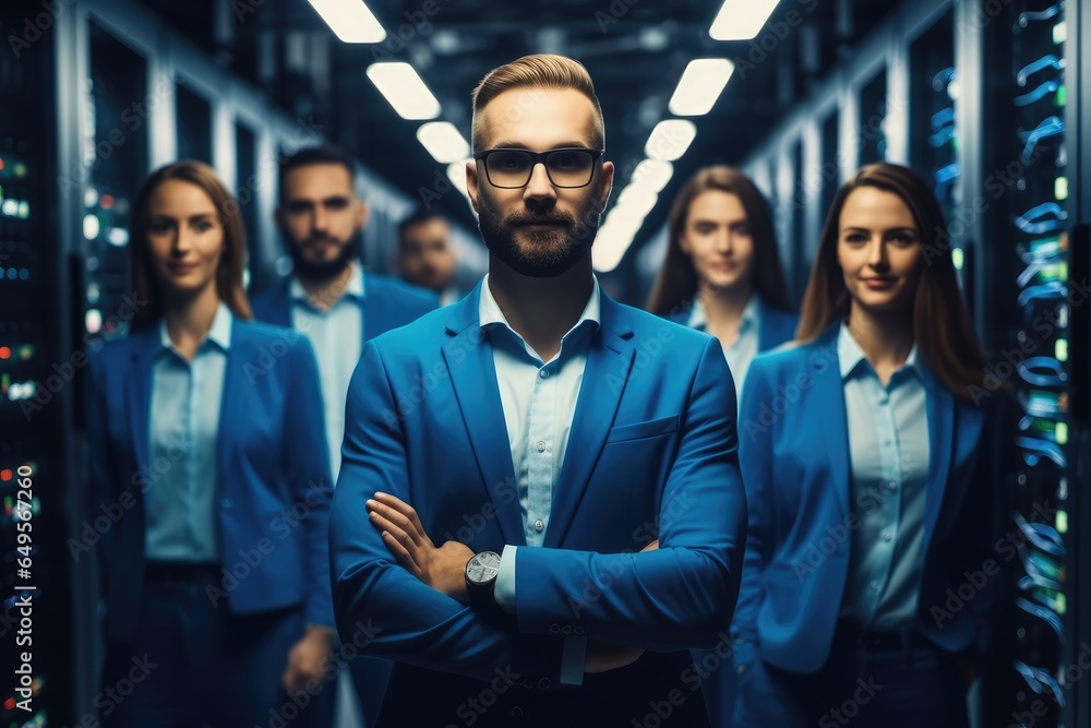 Confident team standing in a server room with servers in the background.