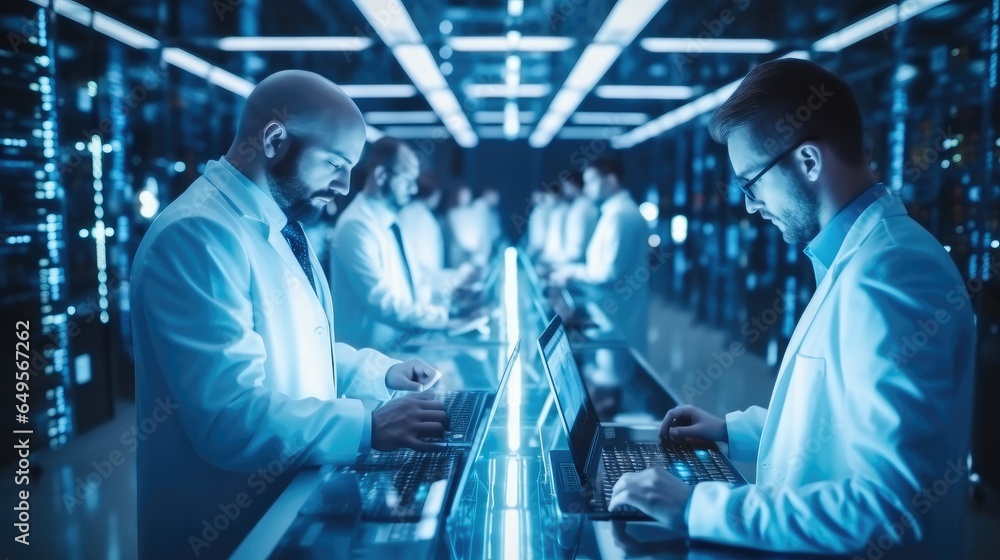 Technology professionals in white coats working in vast data centre with rows of computer servers, Data center room.