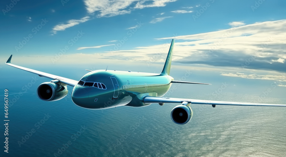 The plane flies over surface of the ocean.