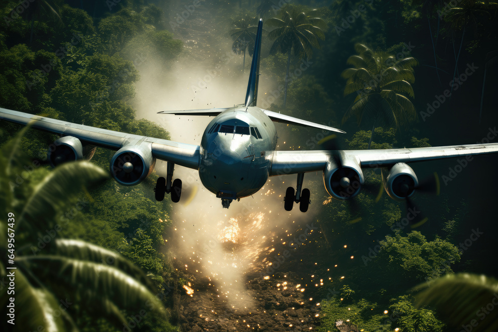 The plane is dropping bombs. bombing a lush jungle.