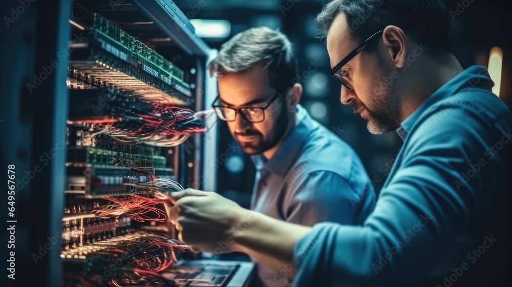 Two technicians working in an IT-Hardware rollout for customers in the banking industry.