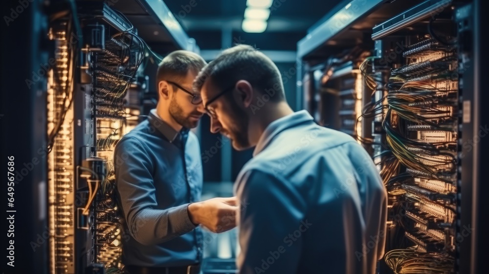 Two colleagues are working in a data center. They are using machine learning algorithms to process.