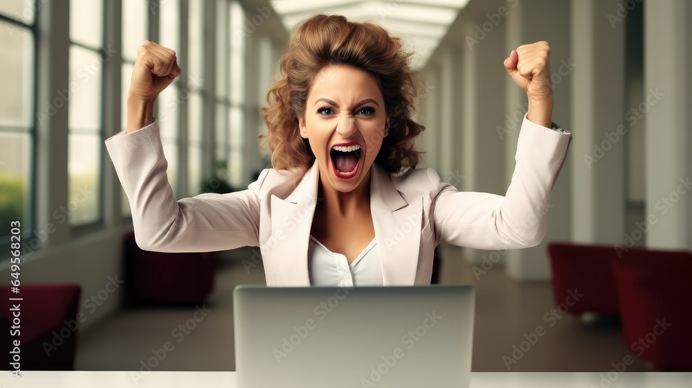 Success businesswoman celebrating at her desk in office.