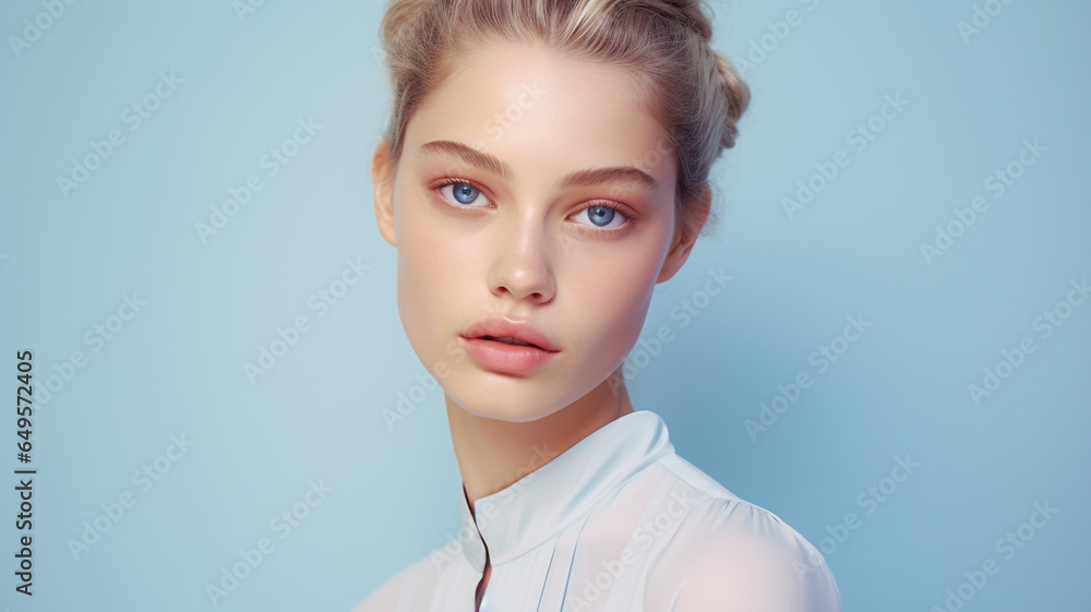 Beautiful young woman on a blue colored background