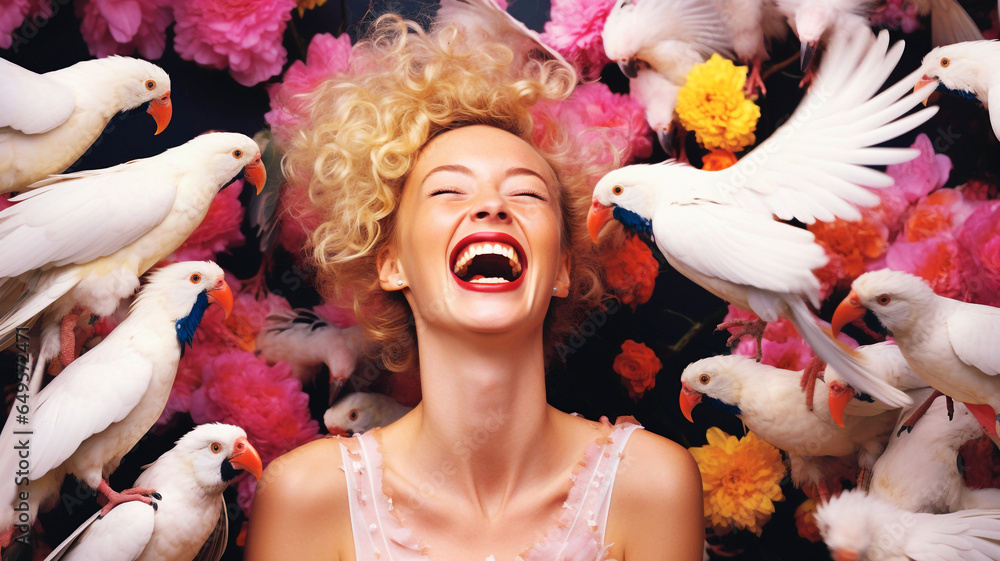 Portrait of beautiful woman with birds and flowers