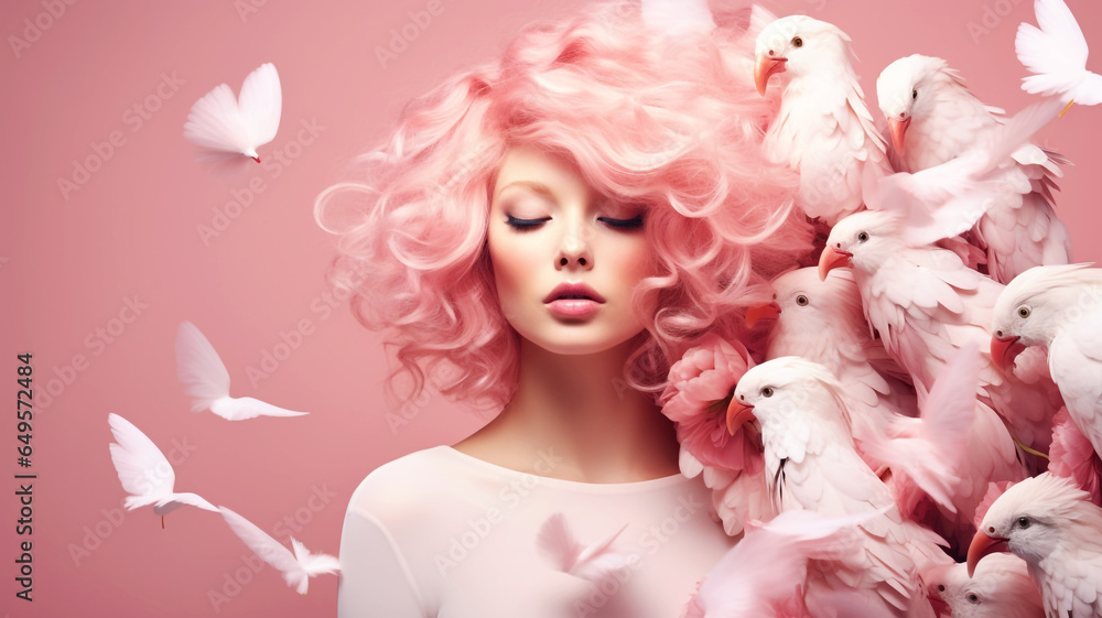 Portrait of beautiful woman with birds and flowers