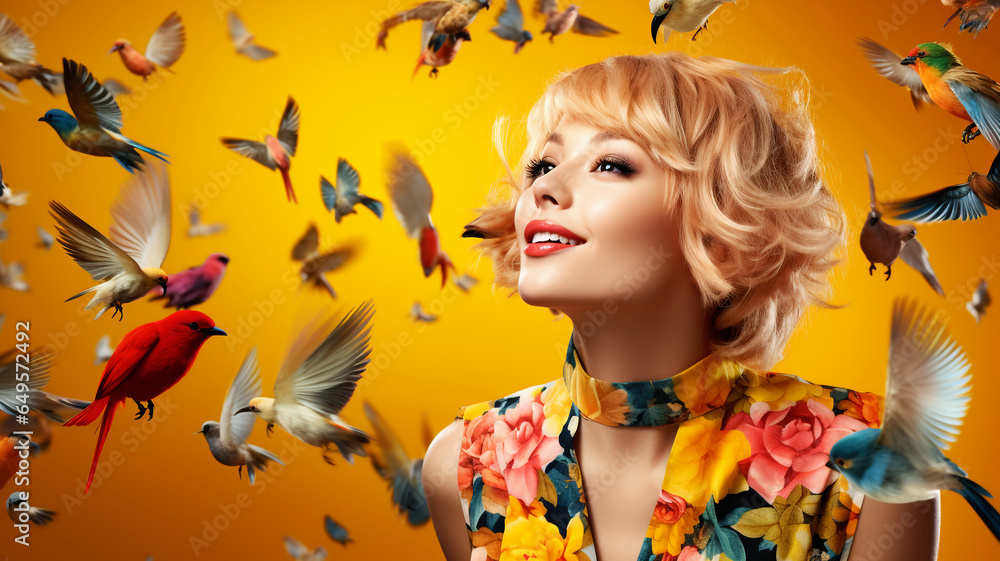 Portrait of beautiful woman with birds