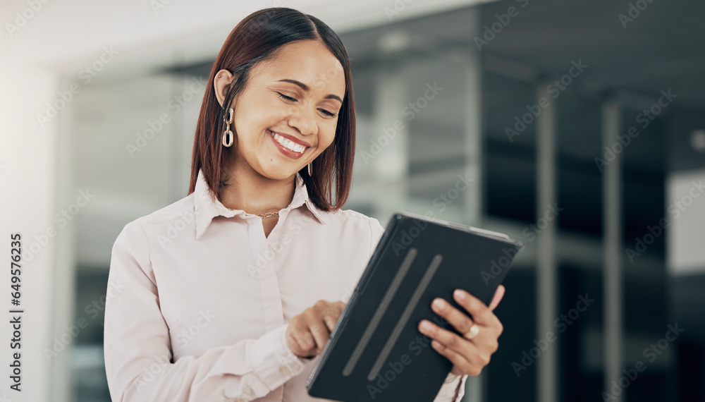 Happy businesswoman in office with, tablet and scroll on email, HR schedule or online for feedback. Internet, networking and communication on digital app, woman with smile at human resources agency.