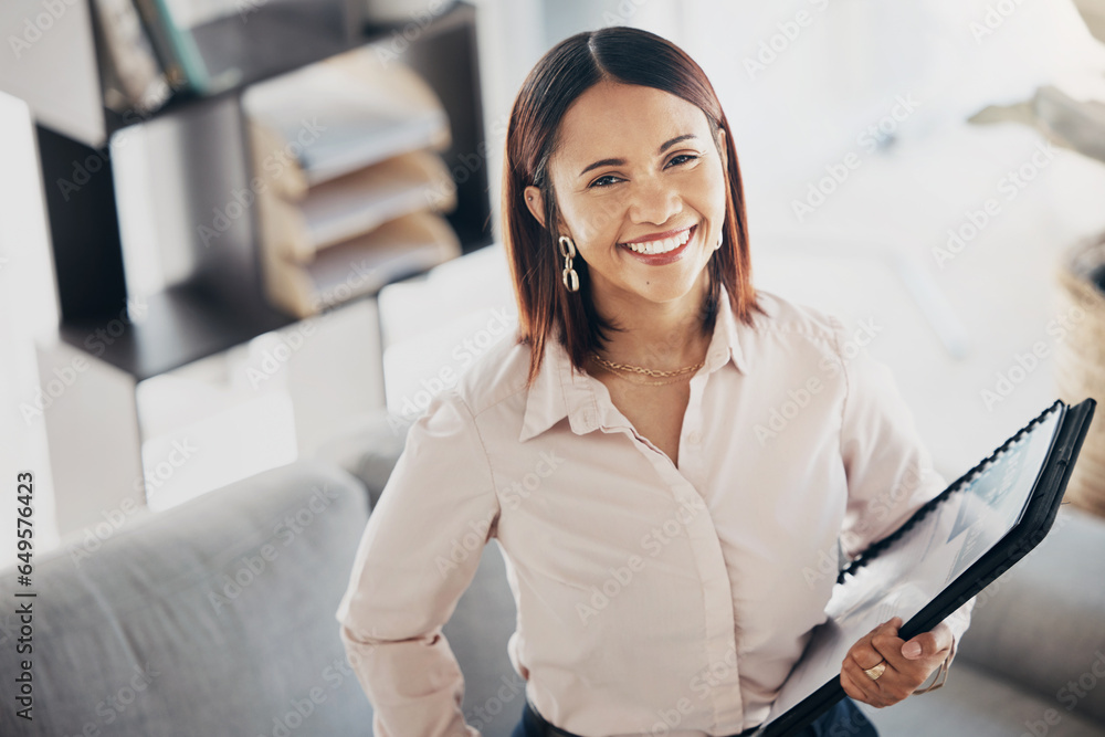 Happy, paperwork and portrait of businesswoman in office with positive, good and confident attitude. Smile, creative career and top view of female designer from Colombia standing in modern workplace.