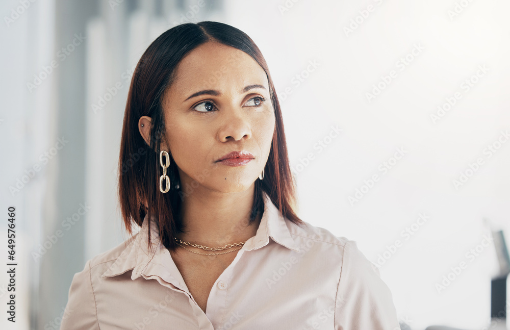 Serious, thinking and business woman in office, planning or problem solving in creative startup. Future vision, idea or professional decision making, brainstorming solution or inspiration of strategy