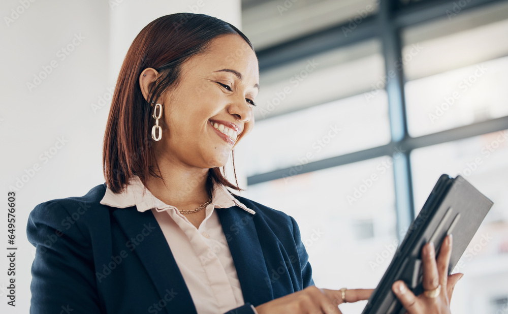 Woman in office with smile, tablet and scroll on email, schedule or report online for feedback. Internet, networking and communication on digital app, happy businesswoman at human resources agency.