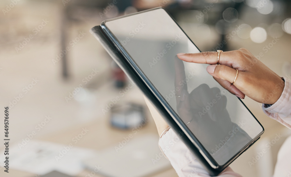 Hands, tablet and screen for business woman for click, planning or scroll with mockup space in office. Entrepreneur, employee and digital touchscreen for data analysis, app or schedule in workplace