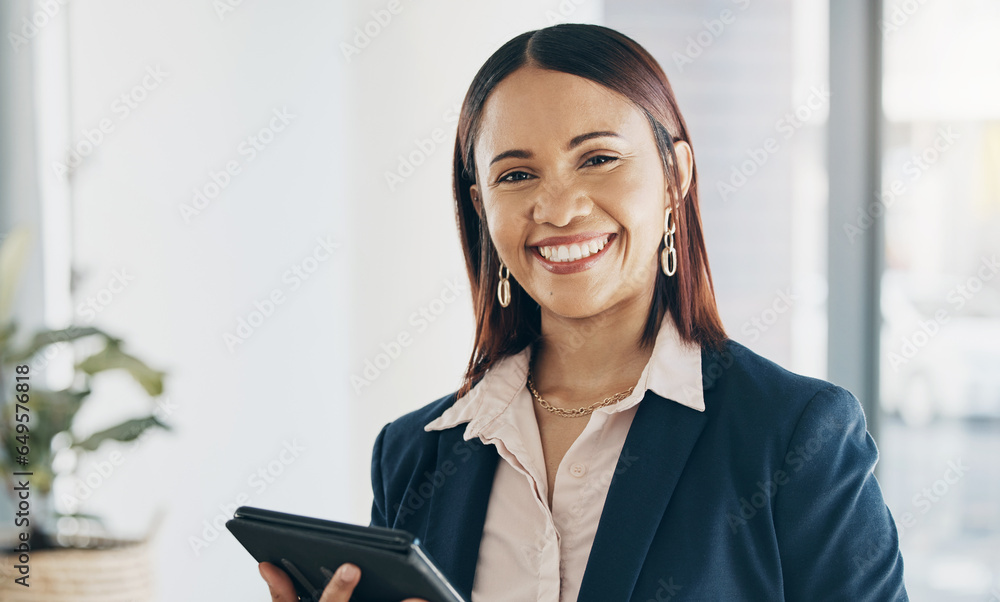 Portrait, woman in office with smile and tablet for email, HR schedule or online recruitment. Internet, networking and communication on digital app, happy businesswoman at human resources agency.