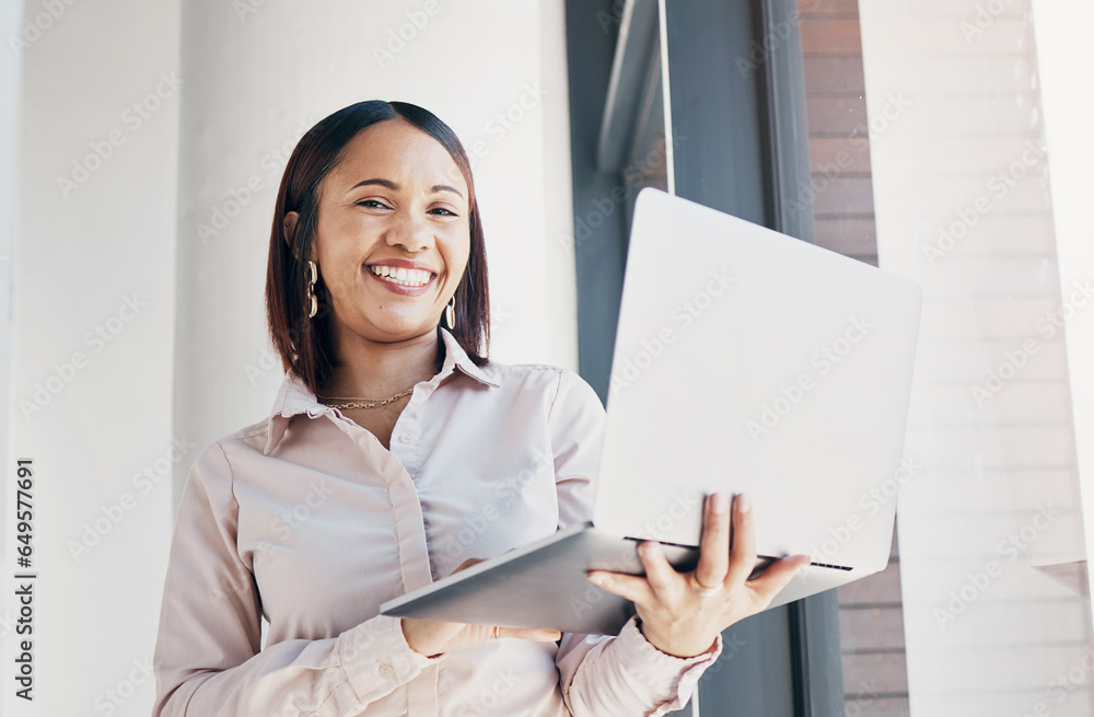 Portrait of happy woman in office with laptop, research or ideas for HR schedule and online feedback. Internet, networking or website search, businesswoman with smile at human resources agency