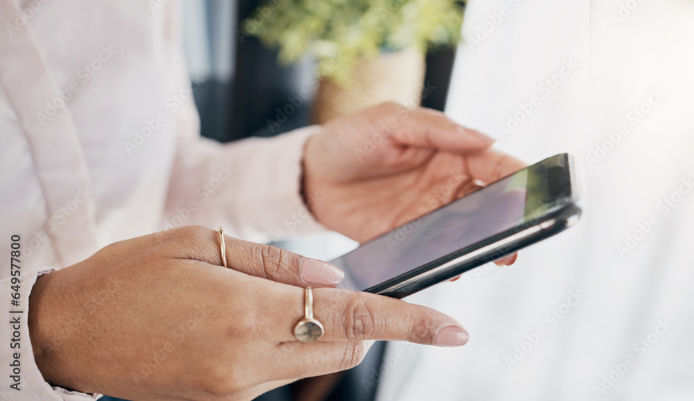 Hands, tablet and closeup for business woman, planning app or reading email notification in office. Entrepreneur, employee and digital touchscreen with data analysis, contact or schedule in workplace