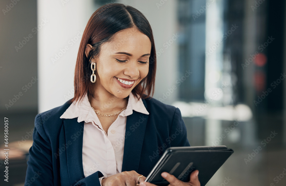 Businesswoman in office with smile, tablet and reading email, HR schedule or report online for feedback. Internet, networking and communication on digital app, happy woman at human resources agency