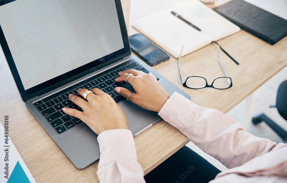 Laptop screen, hands and business person typing website wireframe, webdesign research or check project development. Mockup tech space, graphic or closeup employee working on agency web design process