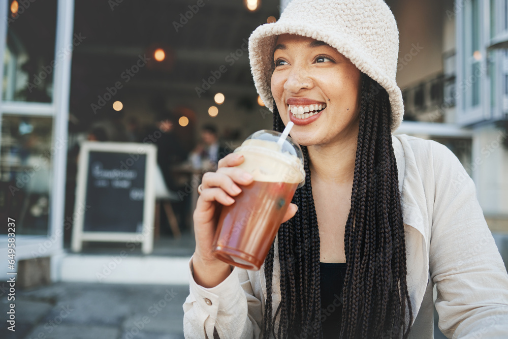 Happy woman, smoothie and smile outdoor at a restaurant and drink from cafe. Milkshake, coffee shop and gen z fashion of a female person relax with drinking from a straw on break on diner patio