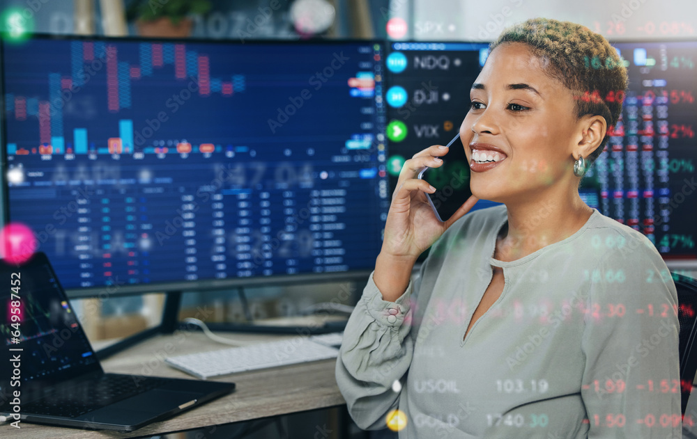 Happy woman, phone call and broker consulting stock market trends, overlay or discussion at office. Female person or financial advisor smile talking on mobile smartphone for finance, profit or loss