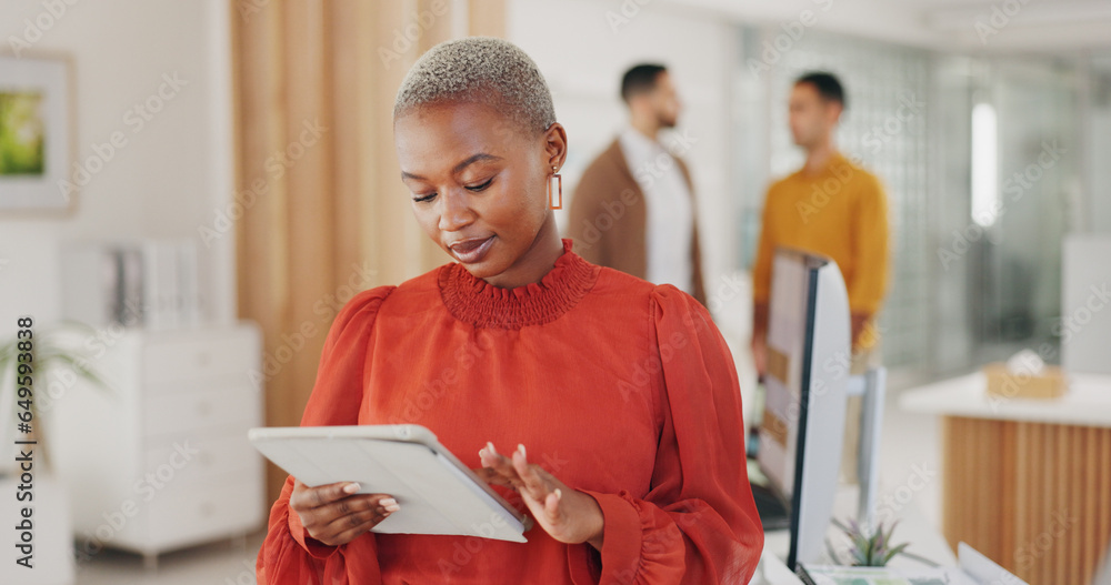 Professional black woman, tablet or designer typing, scroll and work on webdesign, app development or application research. Analysis, network connection or African person review online website design