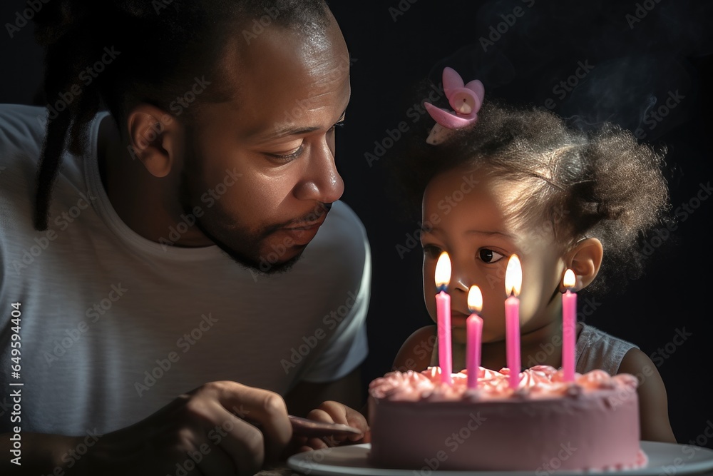 Heartwarming family birthday celebration with cake, cute daughter and dad blowing out candles.