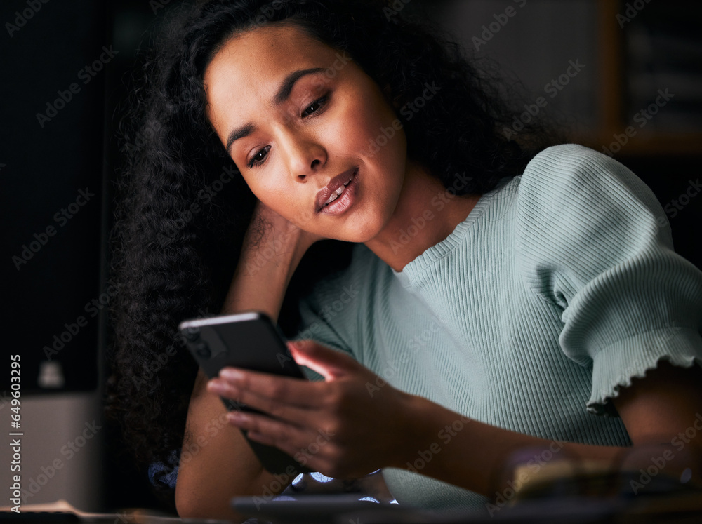 Phone, reading and professional woman typing, search online or texting business contact, user or agent. Networking, smartphone and night person research mobile connection, media app or check email