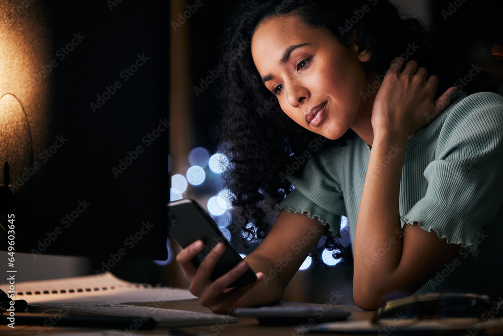 Phone, communication and professional woman typing, search online or texting online business contact. Tired, smartphone and night person research mobile connection, application or reading email